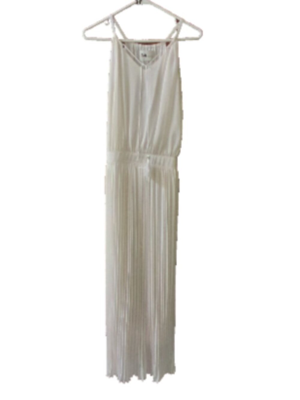 Women's Size S White Spaghetti Straps V-neck Tassle  Pleated Sheer Lined  Dress